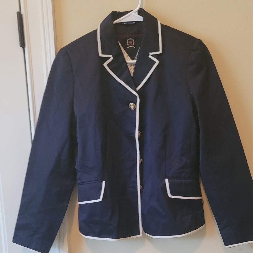 Tommy Hilfiger Navy Blue White Trim Logo Blazer Jacket Coat